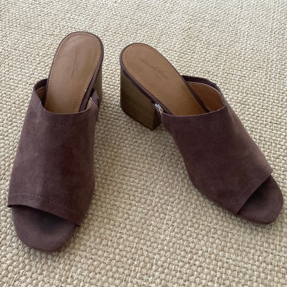 Suede Open-Toe Block Heel Mules — Brown